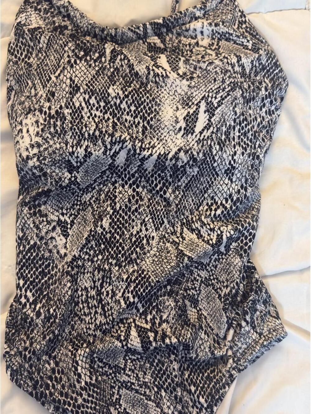 Time and Tru Women's L (12-14) Black and White Snake Print One-Piece Swimsuit - Picture 2 of 4